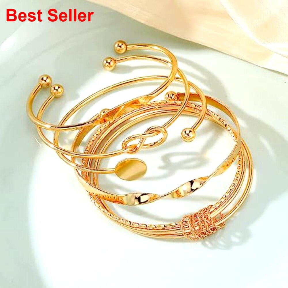 14k Gold-Plated Stackable Cuff Bracelets Set, Adj… - image 3